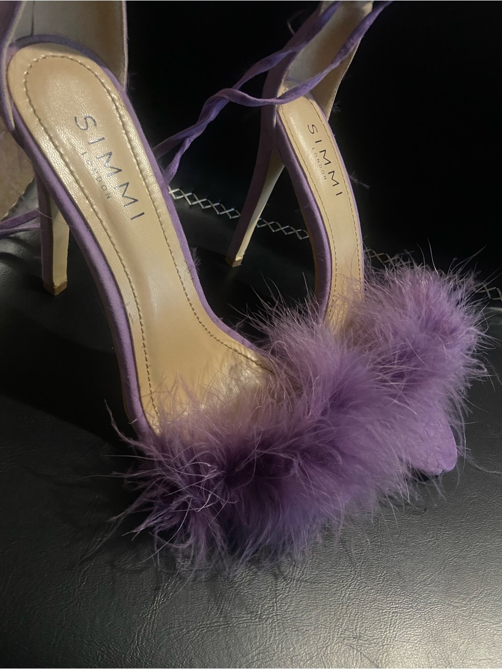 SIMMI London Lilac Feather Trim Stiletto Sandals